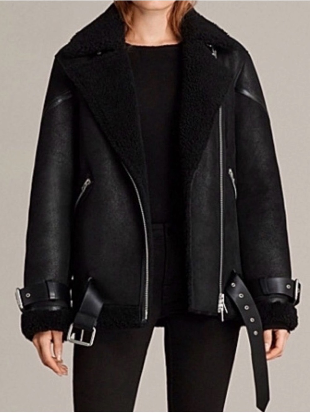 AllSaints Black Shearling Aviator Jacket